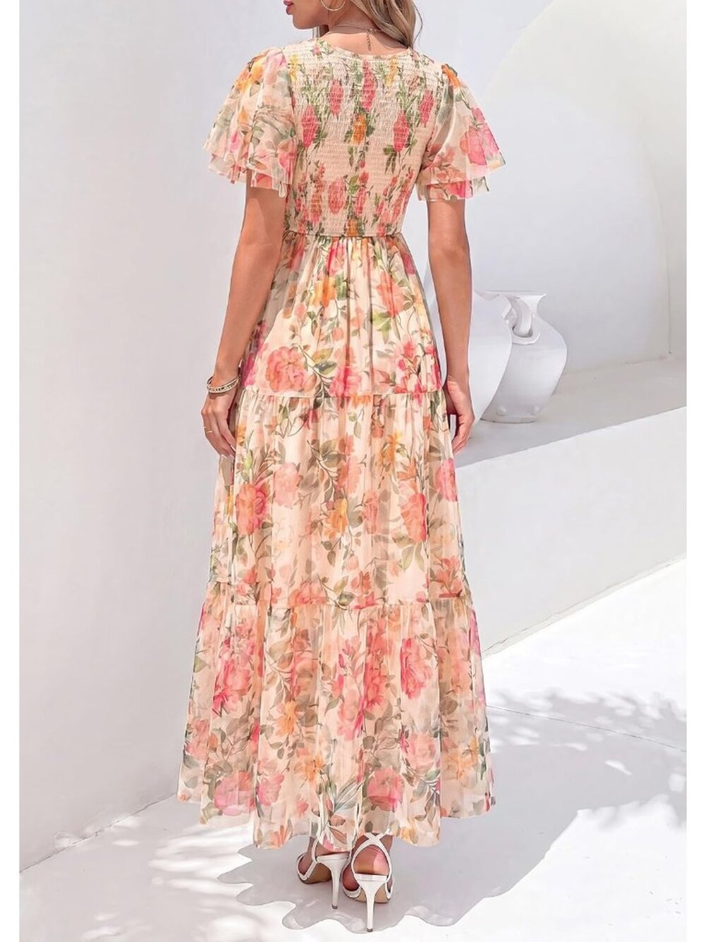 〽️Apricot Floral Boho Maxi Dress Women’s Flutter Sleeve Smocked Tiered Gown - Picture 4 of 6